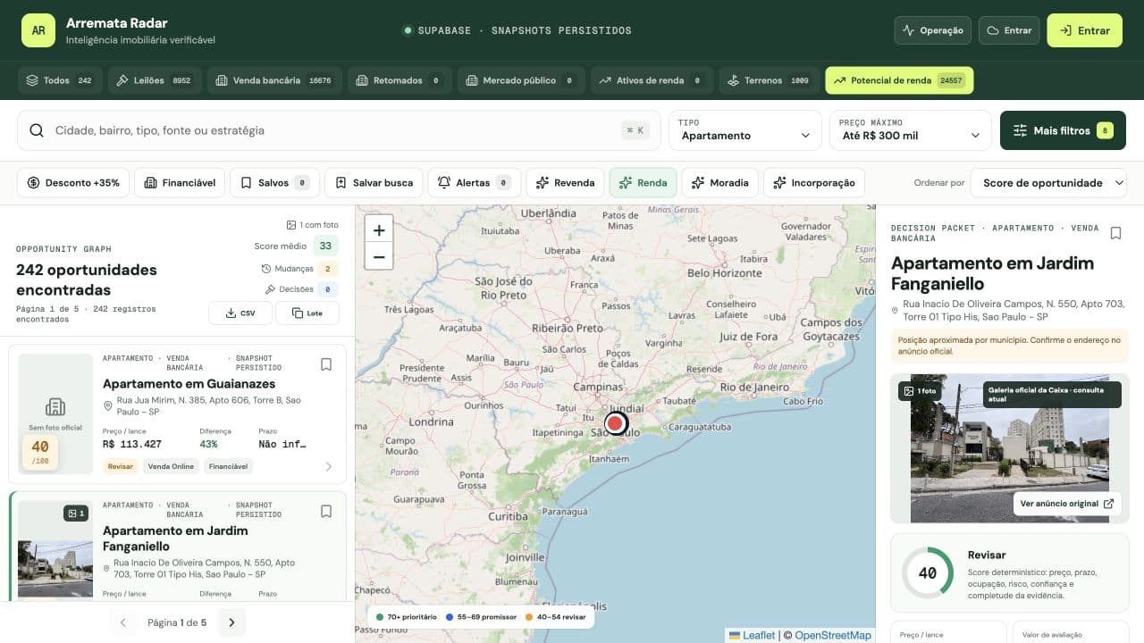 Workspace do Arremata Radar com busca, mapa e análise de oportunidade